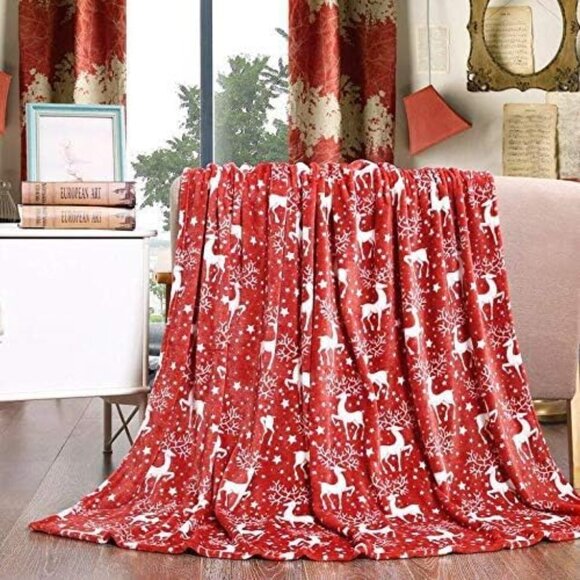 Velvet Touch Ultra Plush Christmas Holiday Printed Fleece Throw/Blanket-Reindeer - Picture 1 of 4